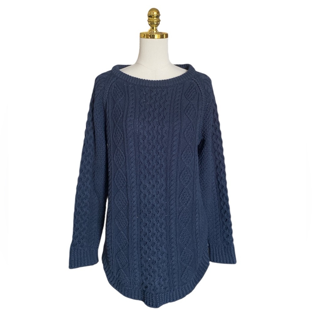 L.L.Bean Signature Women's Cotton Navy Fisherman Cable Knit Tunic Sweater Sz M - Picture 2 of 9